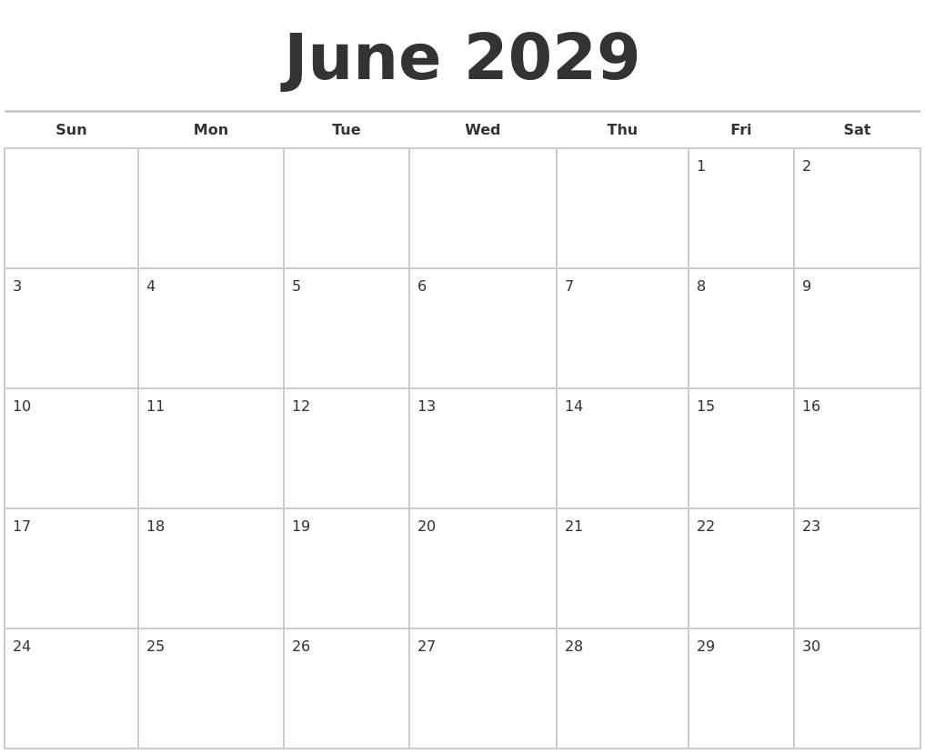 June 2029 Calendars Free