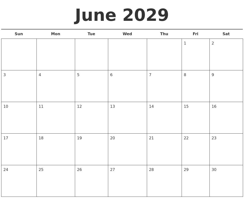 June 2029 Free Calendar Template