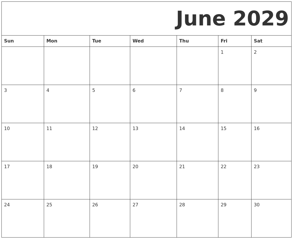 June 2029 Free Printable Calendar