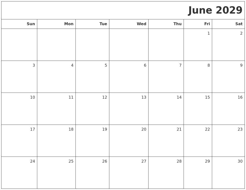 June 2029 Printable Blank Calendar