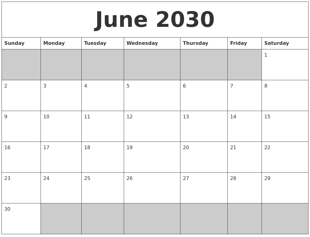 June 2030 Blank Printable Calendar
