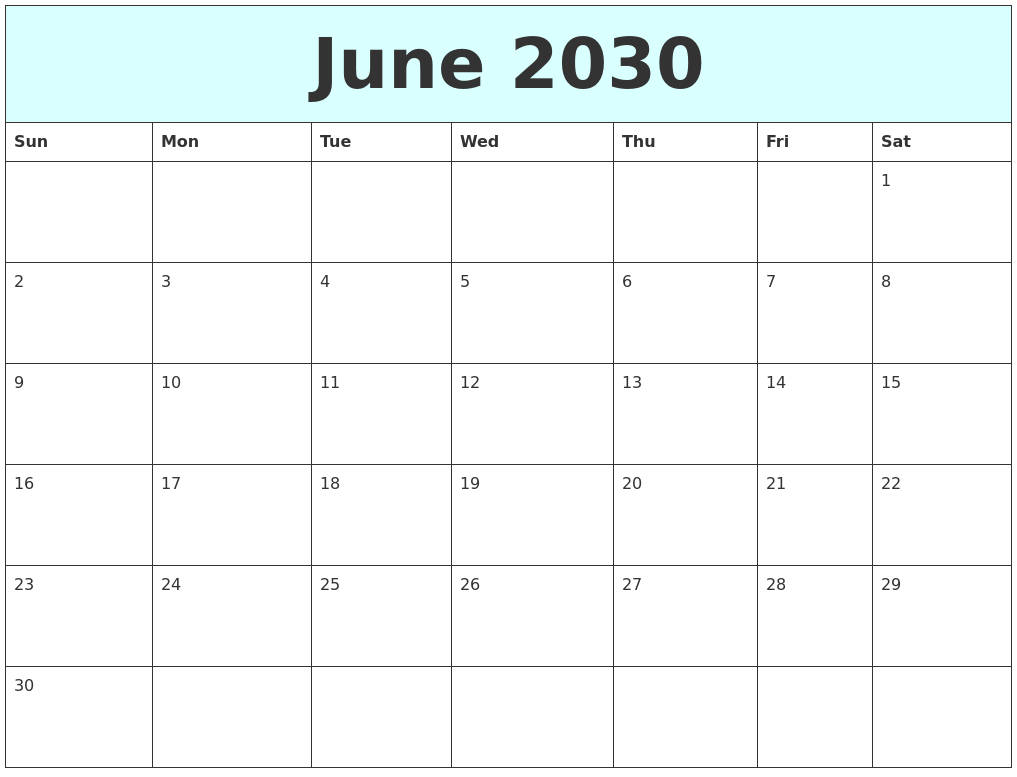 June 2030 Free Calendar
