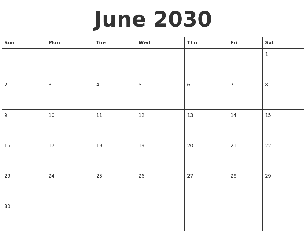 June 2030 Free Weekly Calendar