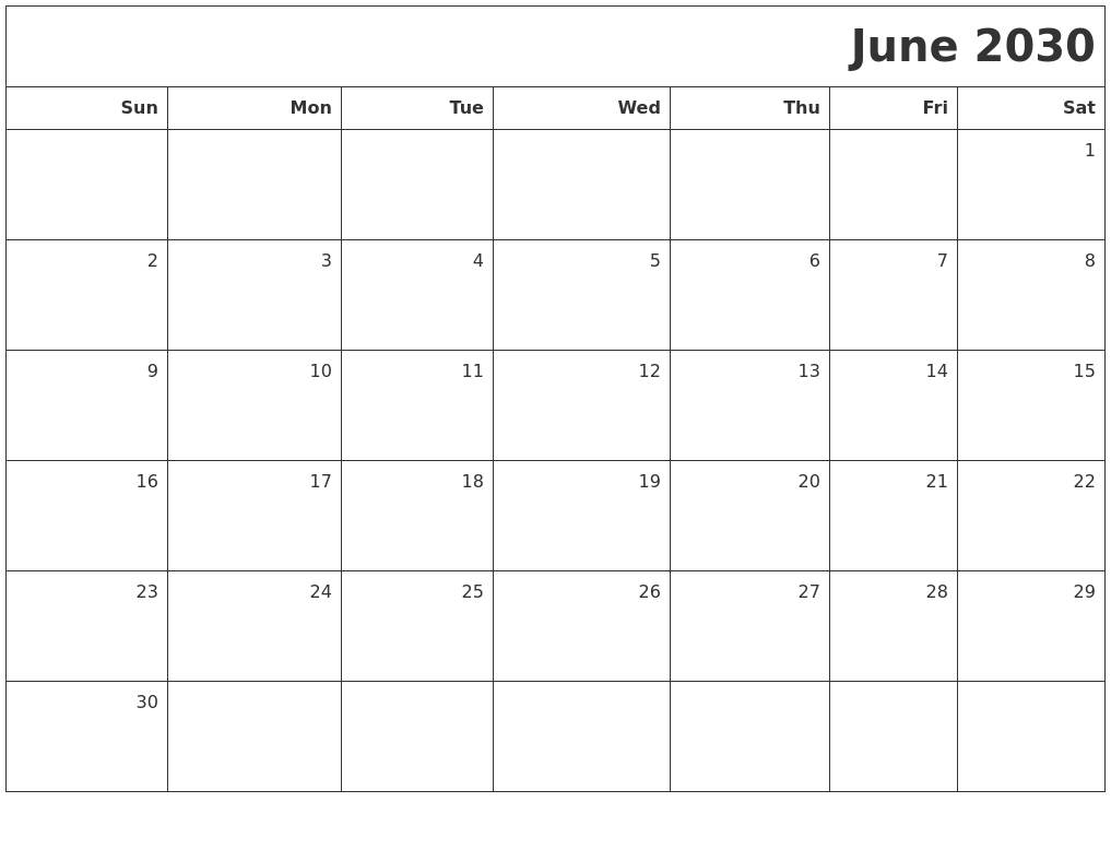 June 2030 Printable Blank Calendar