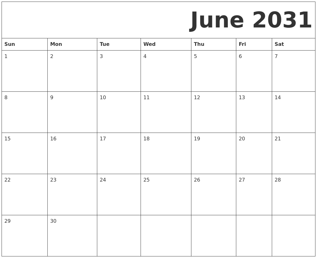 June 2031 Free Printable Calendar