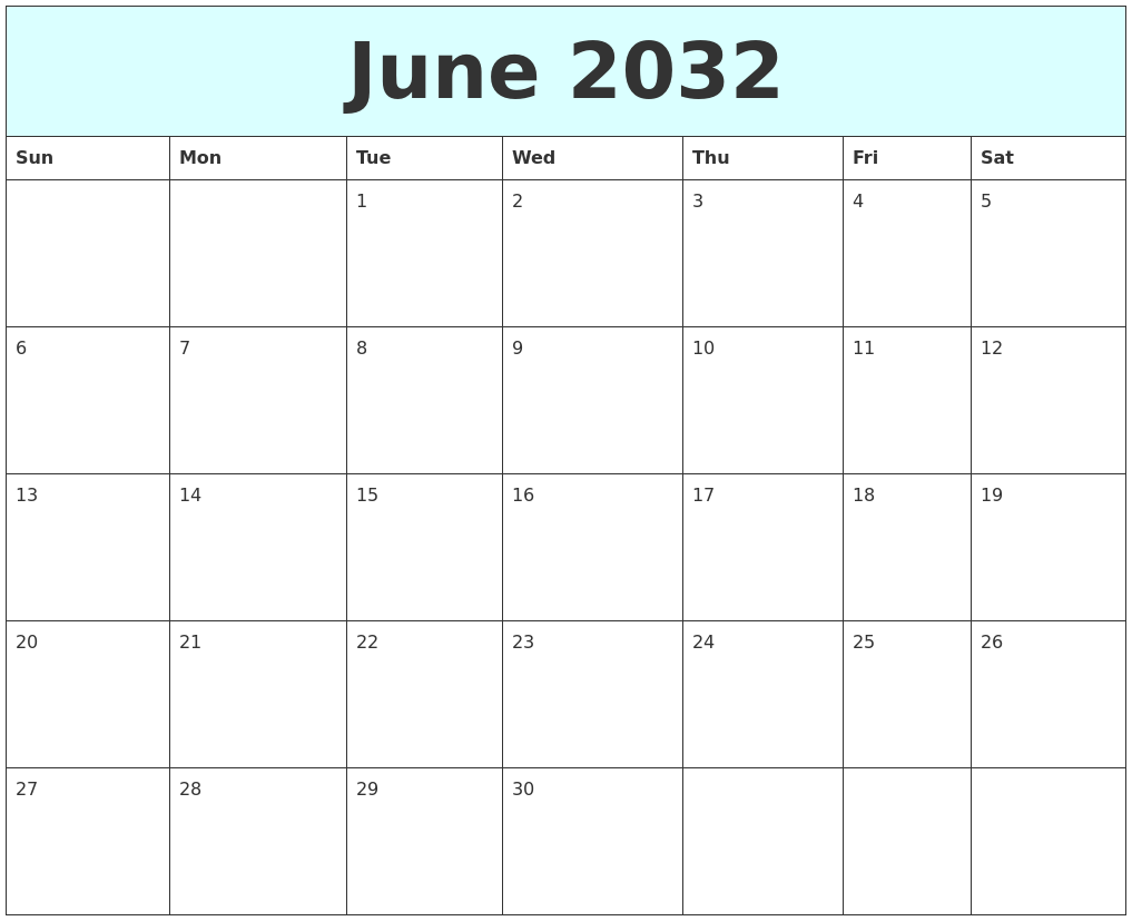 June 2032 Free Calendar