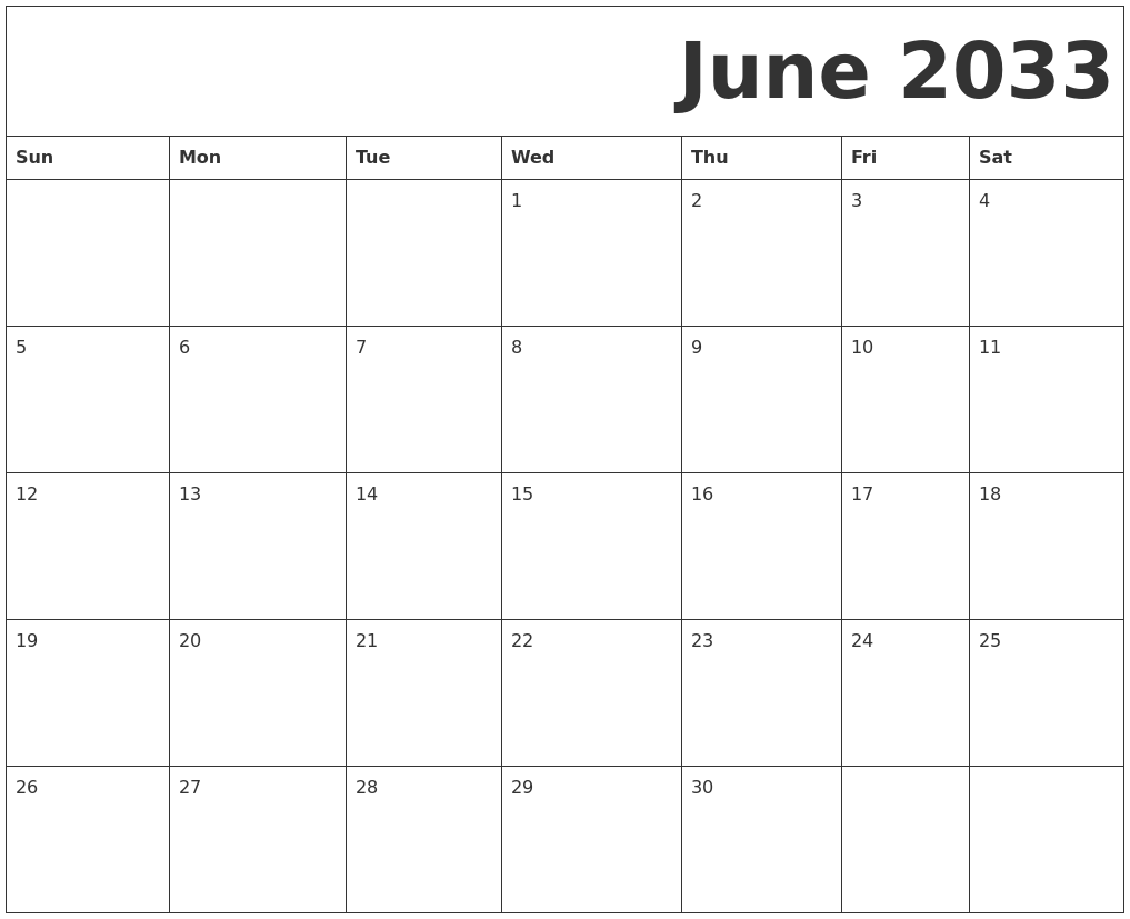 June 2033 Free Printable Calendar