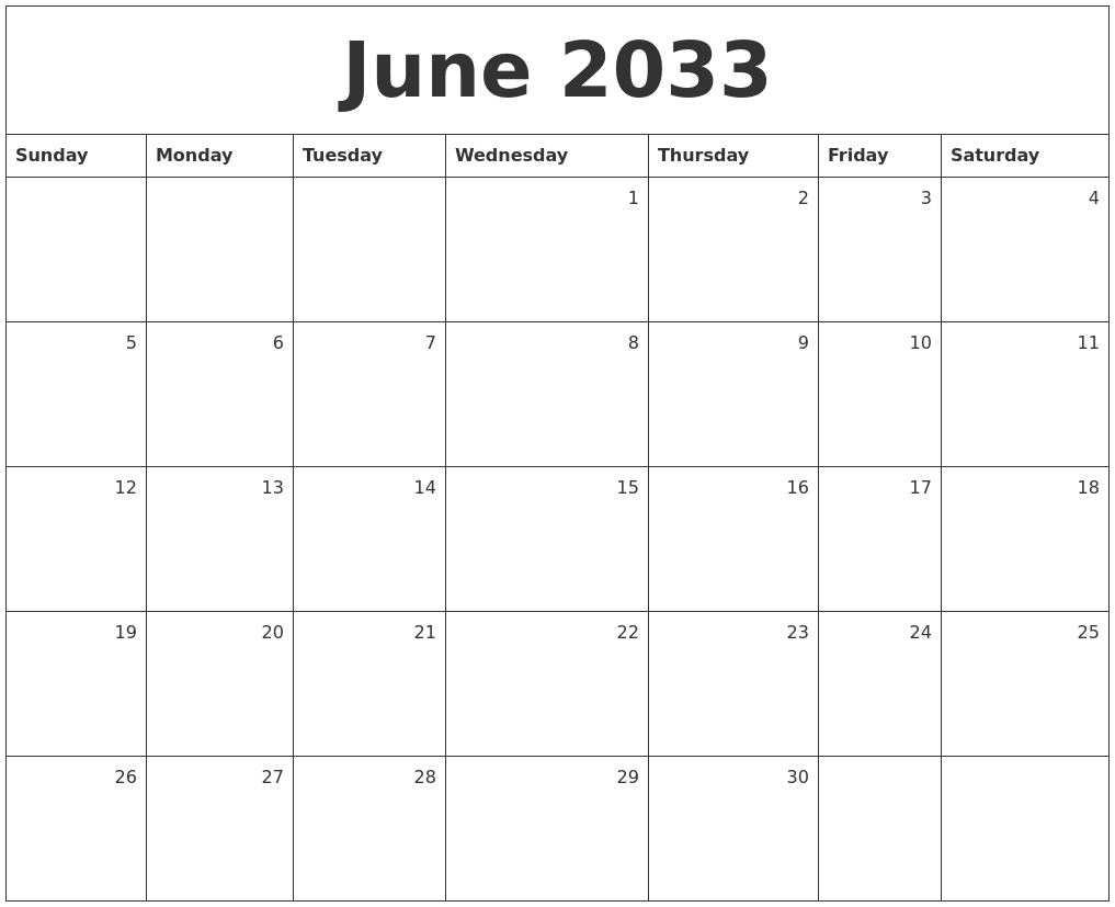 June 2033 Monthly Calendar