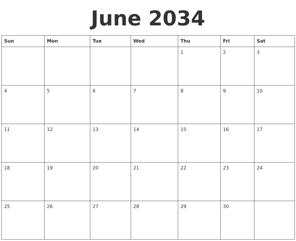 June 2034 Blank Calendar Template