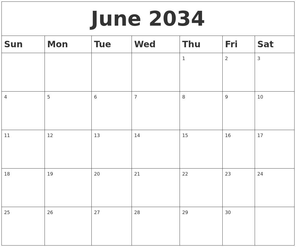 June 2034 Blank Calendar