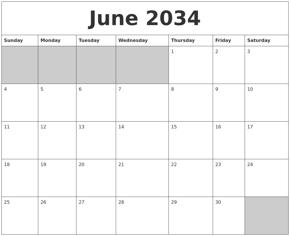 June 2034 Blank Printable Calendar