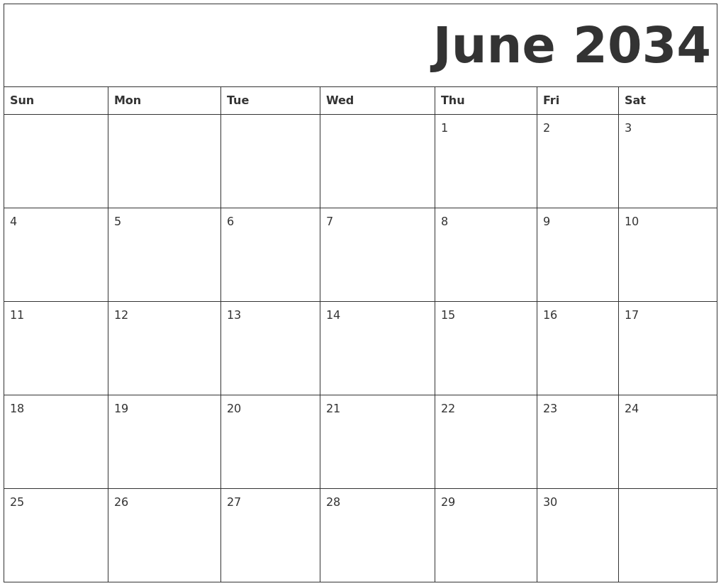 June 2034 Free Printable Calendar