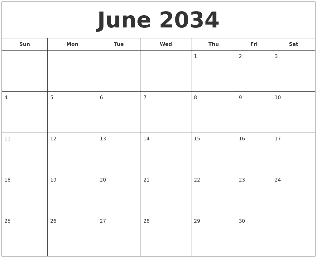 June 2034 Printable Calendar