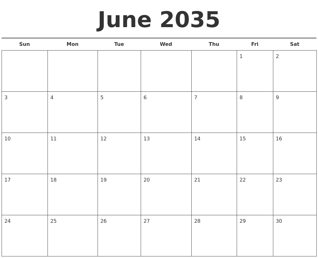 June 2035 Free Calendar Template