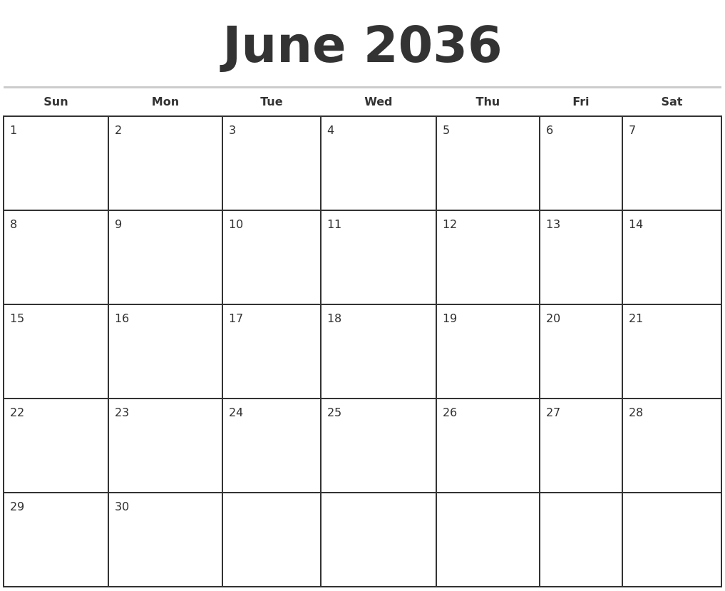 June 2036 Monthly Calendar Template