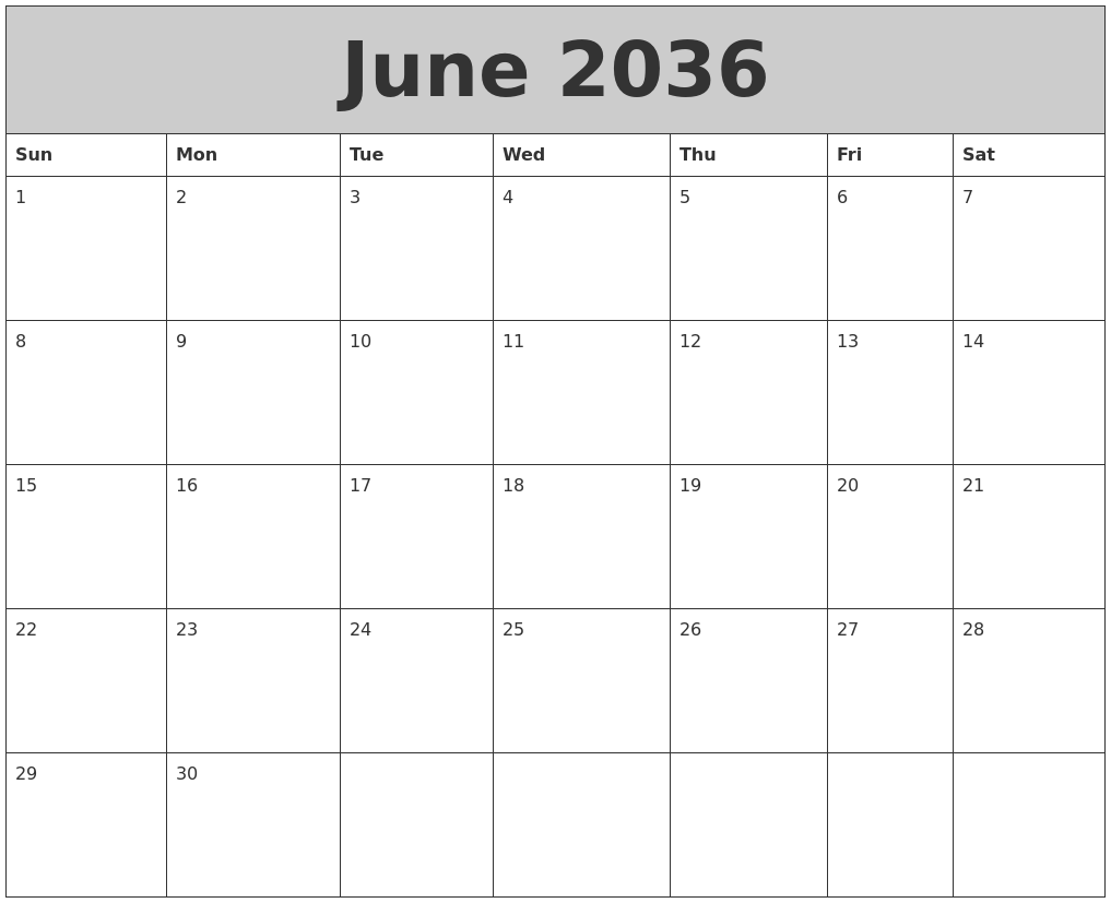 June 2036 My Calendar