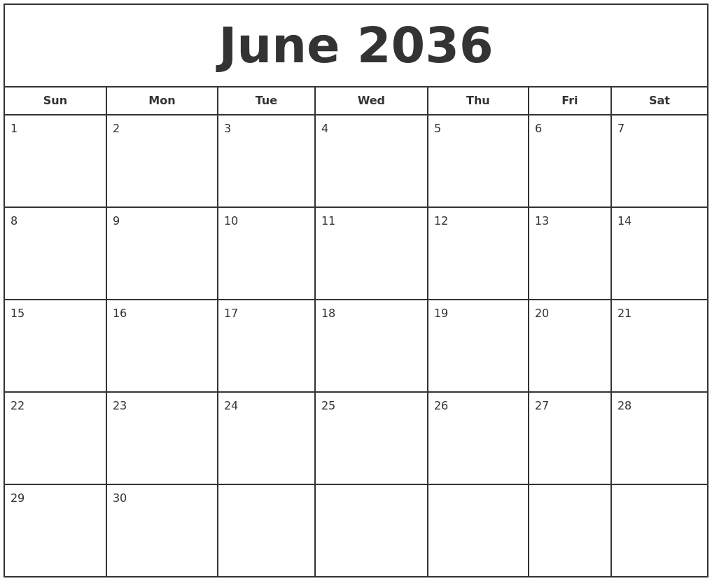 June 2036 Print Free Calendar