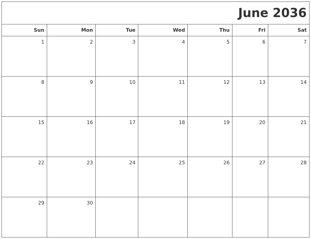 June 2036 Printable Blank Calendar
