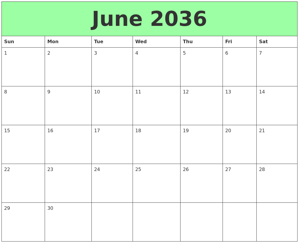 June 2036 Printable Calendars