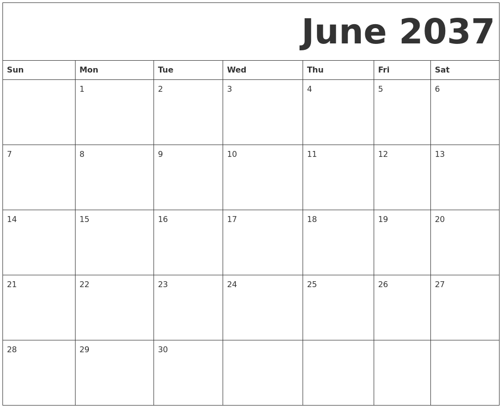 June 2037 Free Printable Calendar