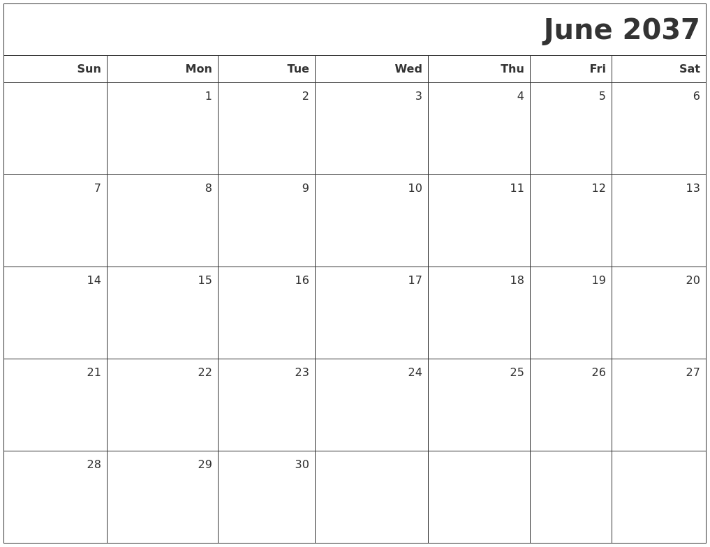 June 2037 Printable Blank Calendar