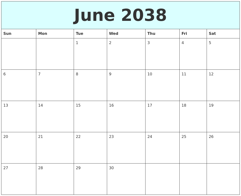 June 2038 Free Calendar