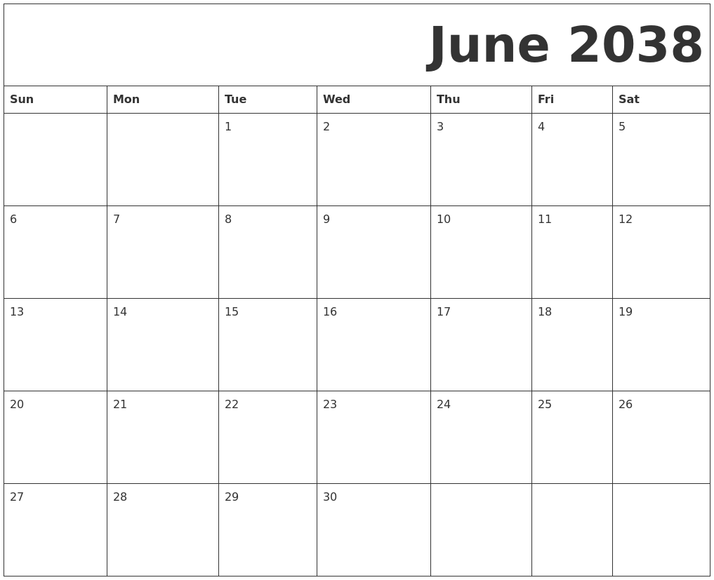 June 2038 Free Printable Calendar