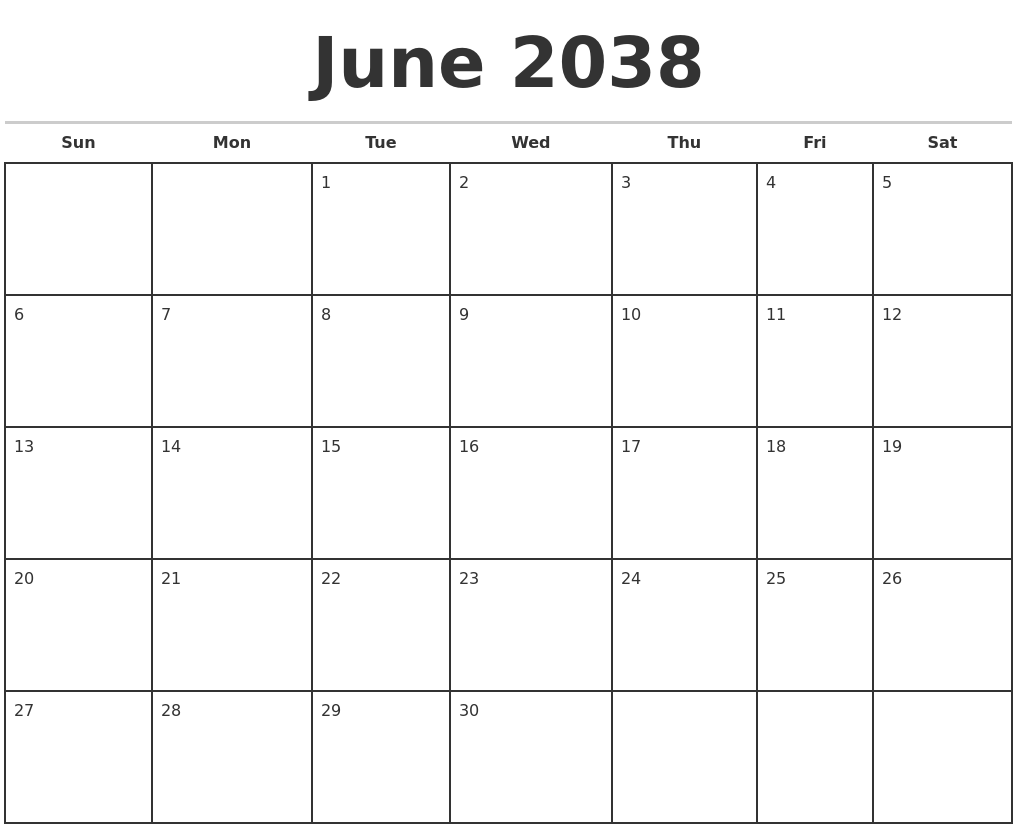 June 2038 Monthly Calendar Template