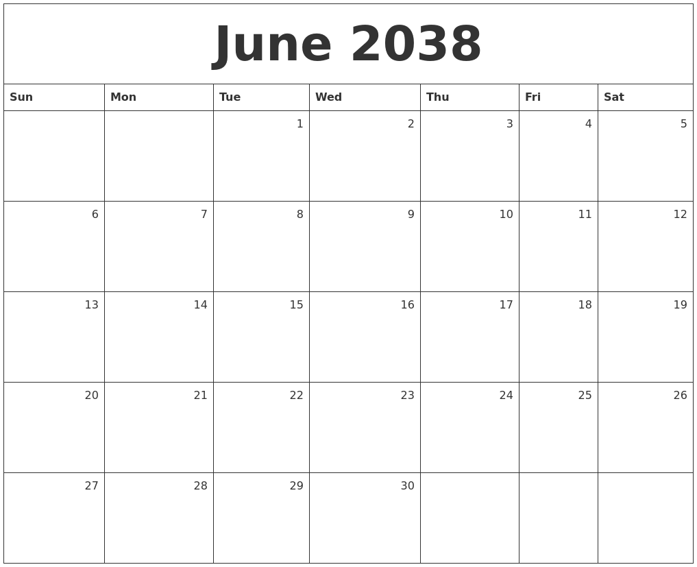 June 2038 Monthly Calendar