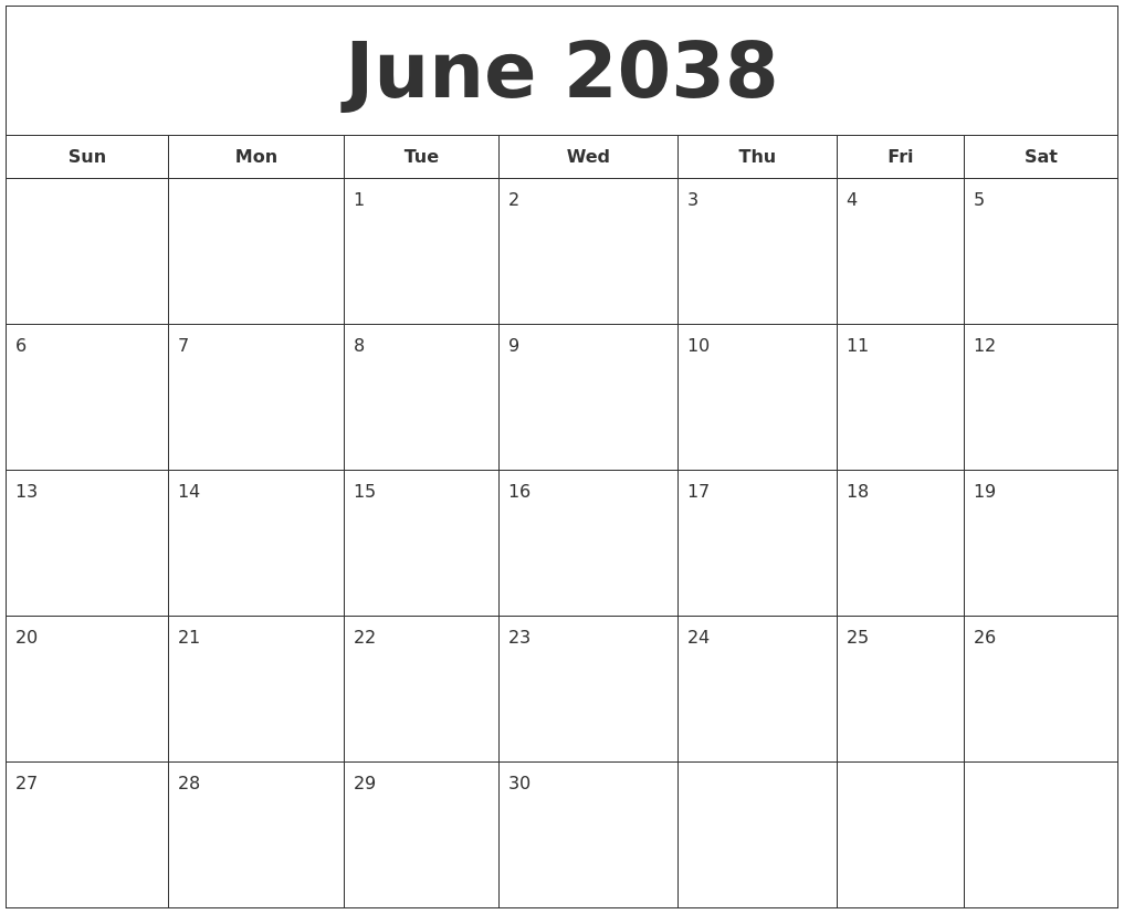 June 2038 Printable Calendar