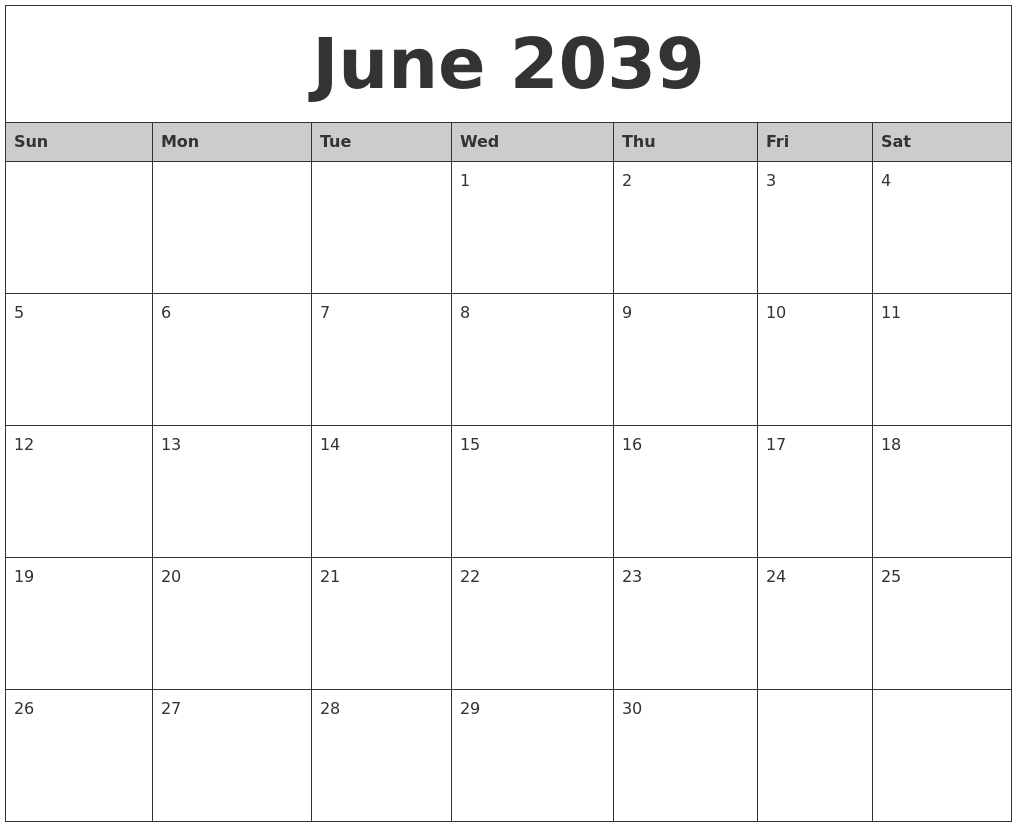 June 2039 Monthly Calendar Printable