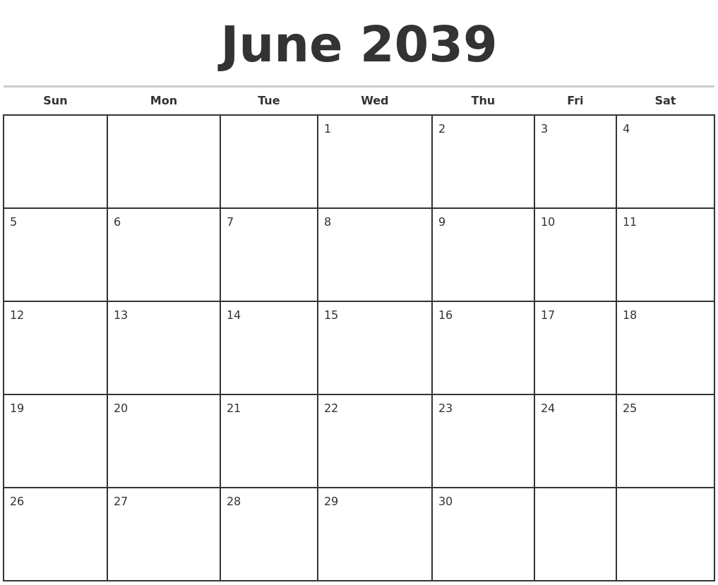 June 2039 Monthly Calendar Template