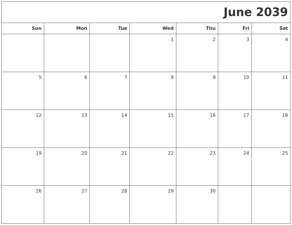 June 2039 Printable Blank Calendar