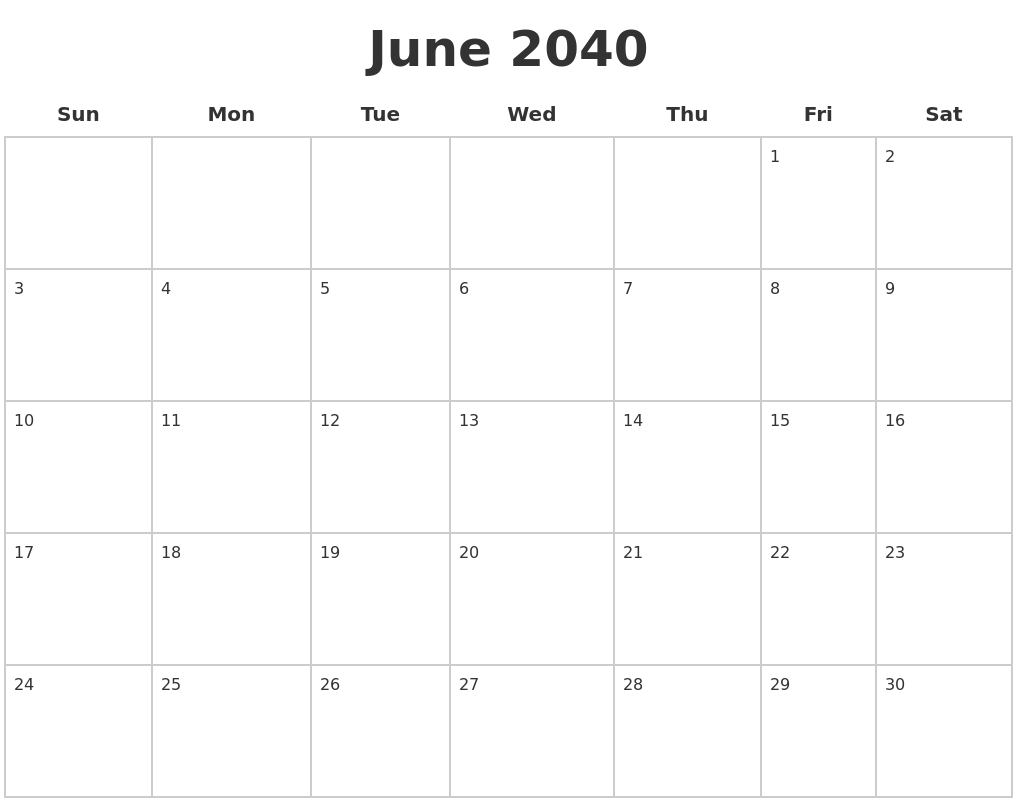 June 2040 Blank Calendar Pages