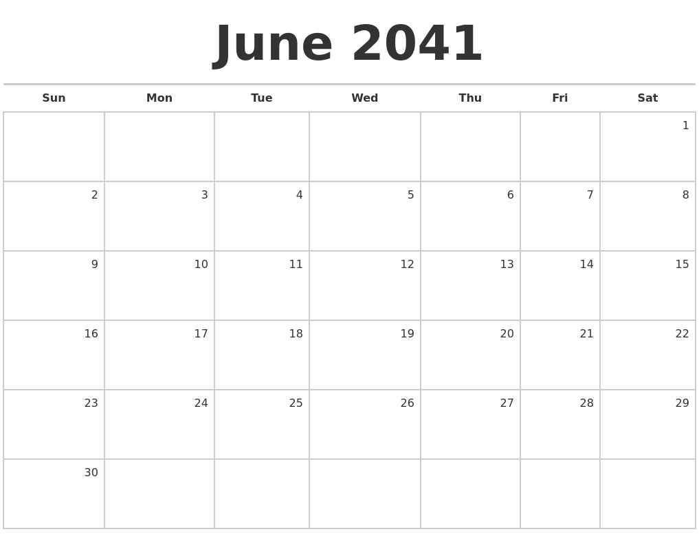 June 2041 Blank Monthly Calendar