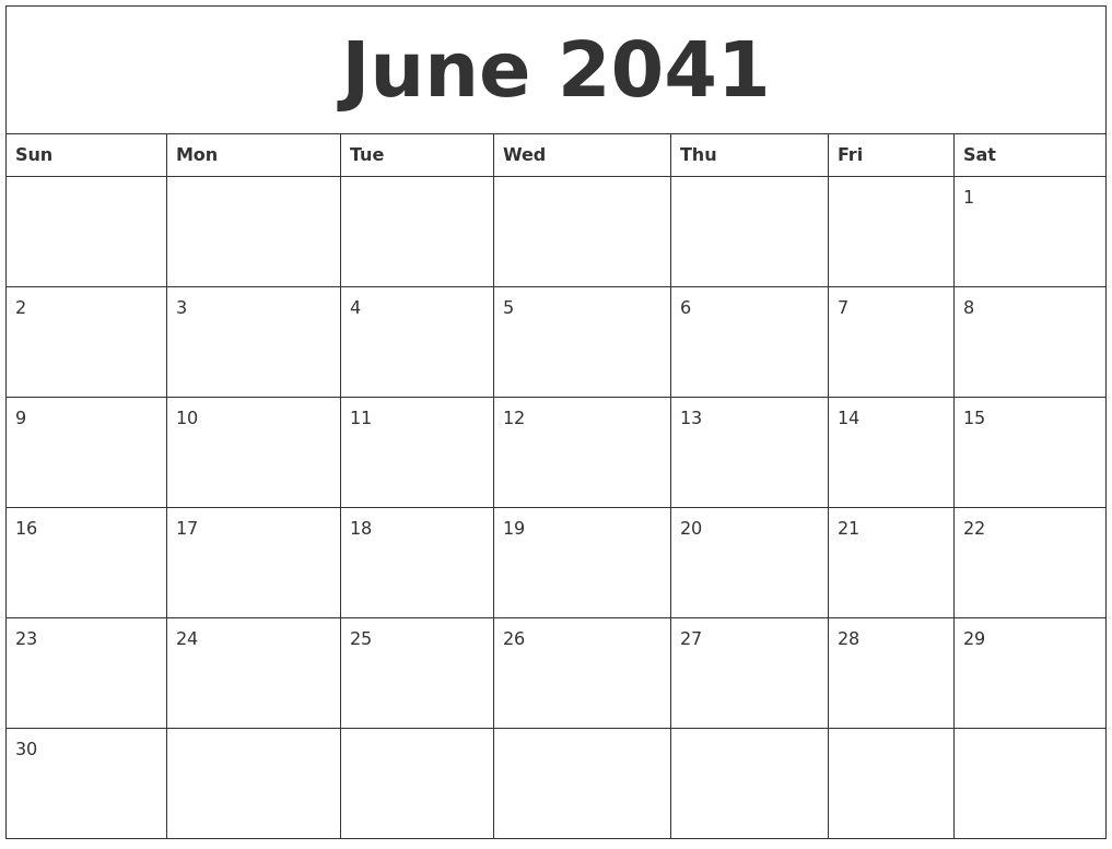 June 2041 Cute Printable Calendar