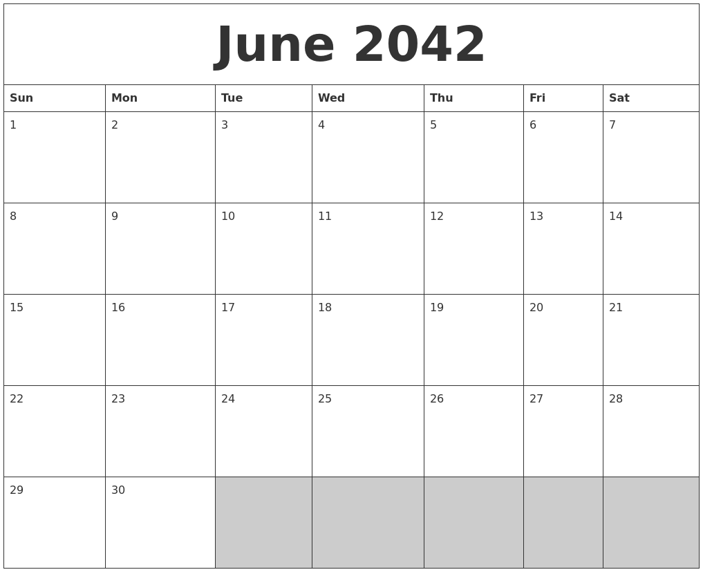 June 2042 Blank Printable Calendar