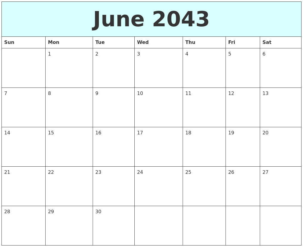June 2043 Free Calendar
