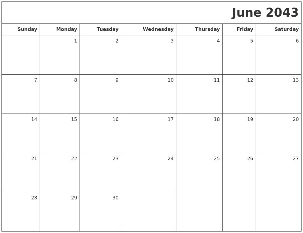 June 2043 Printable Blank Calendar