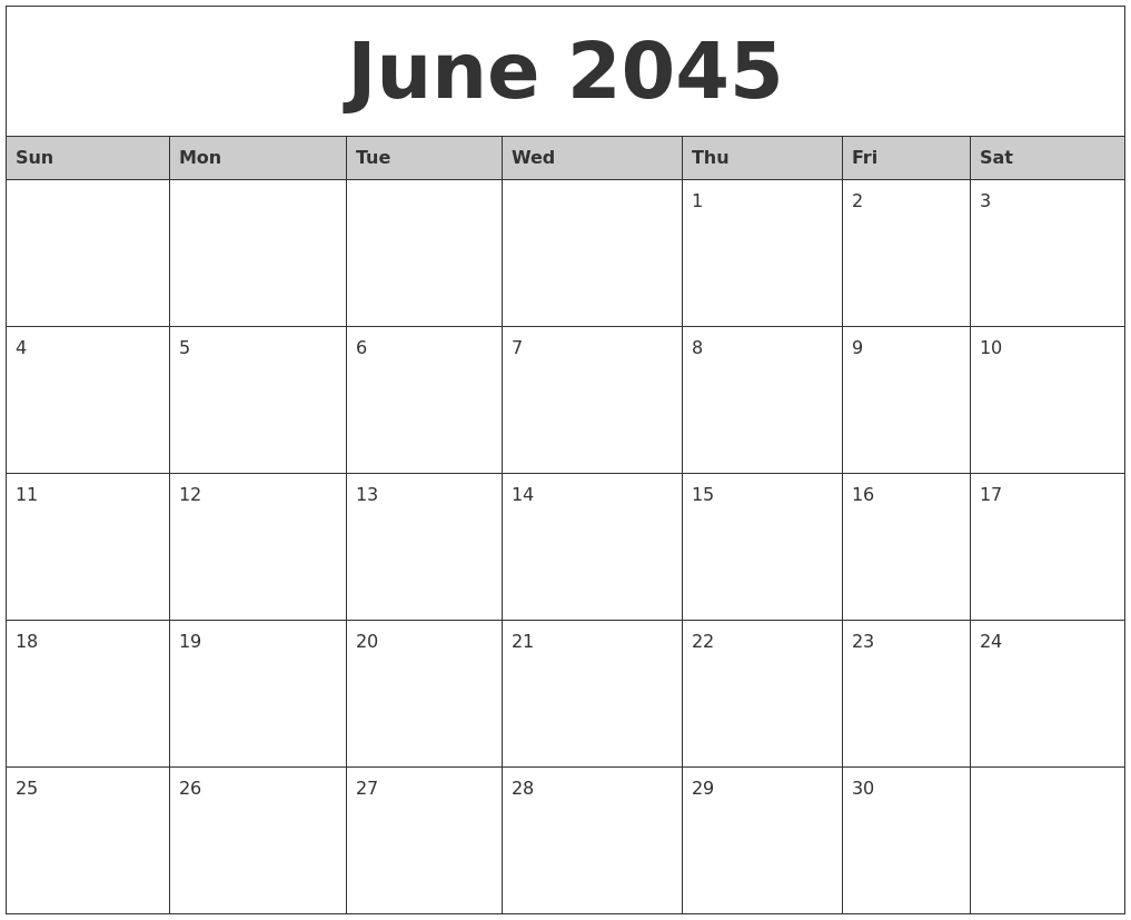 June 2045 Monthly Calendar Printable