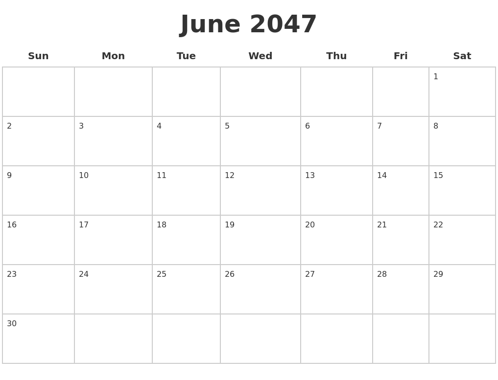 June 2047 Blank Calendar Pages