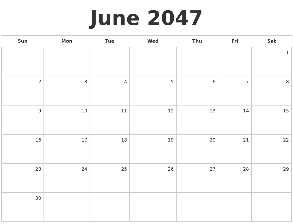 June 2047 Blank Monthly Calendar