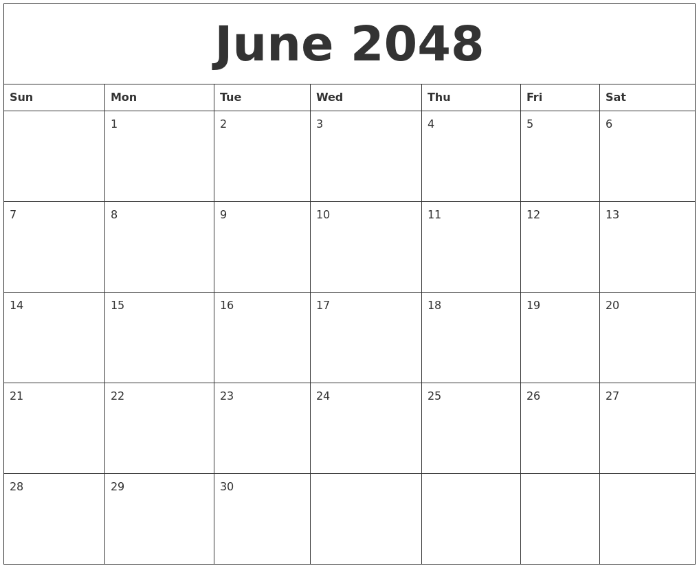 June 2048 Blank Monthly Calendar Template