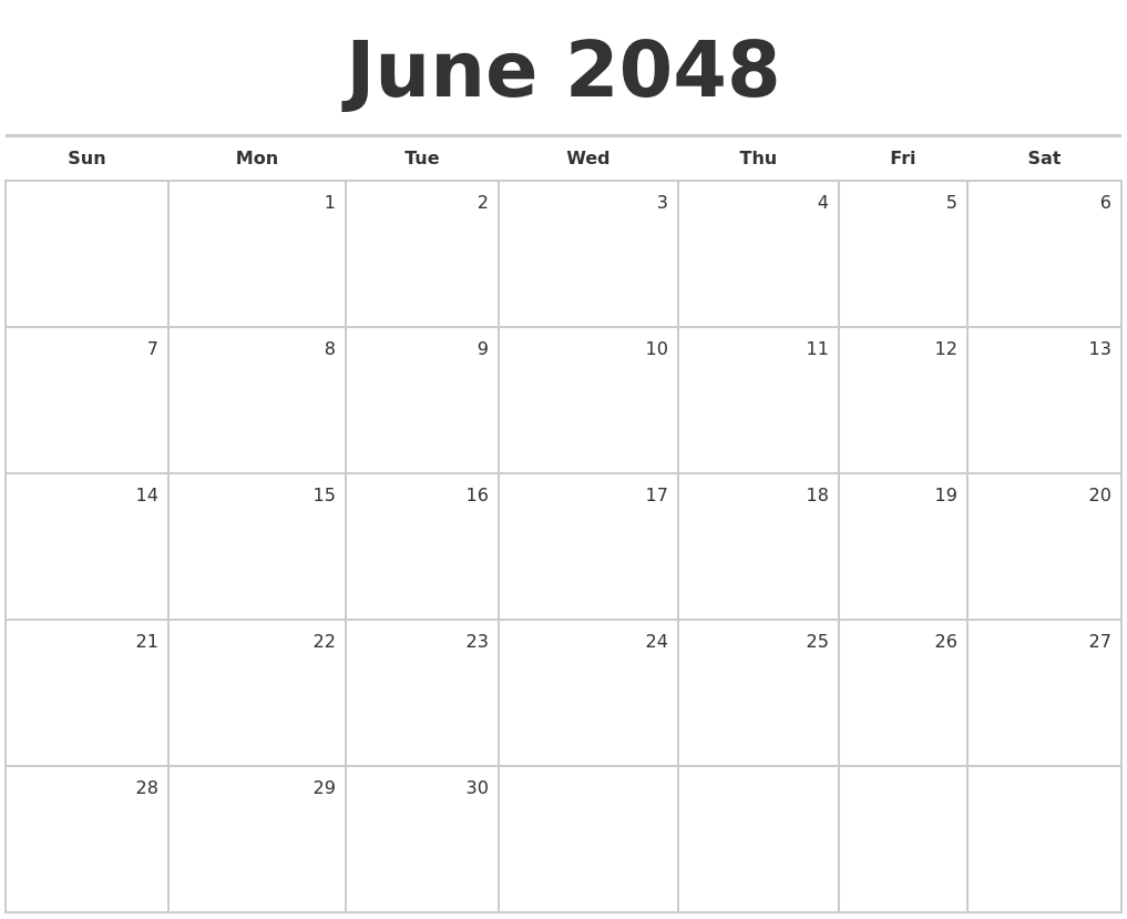 June 2048 Blank Monthly Calendar