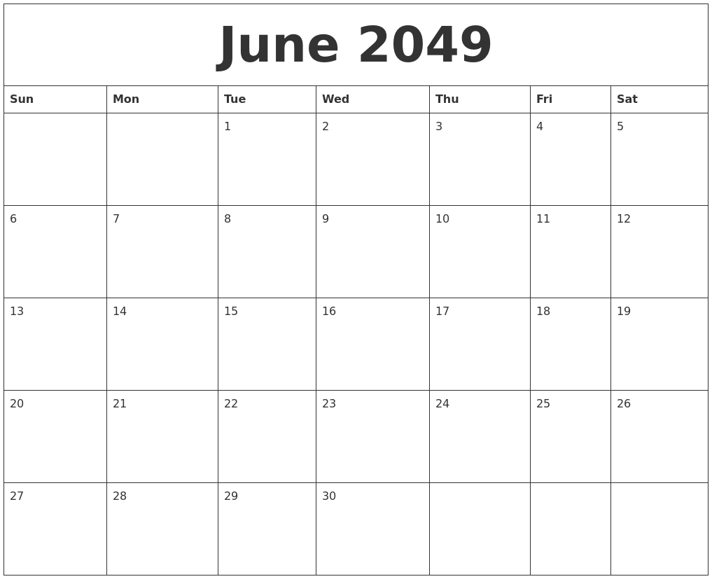 June 2049 Blank Monthly Calendar Template