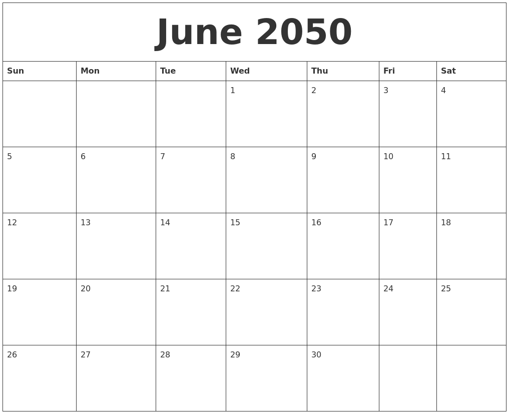 June 2050 Print Blank Calendar