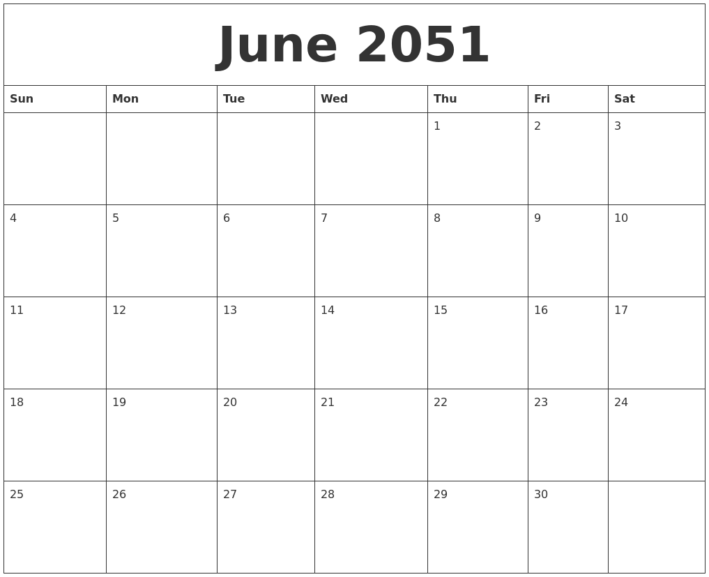 June 2051 Blank Monthly Calendar Pdf