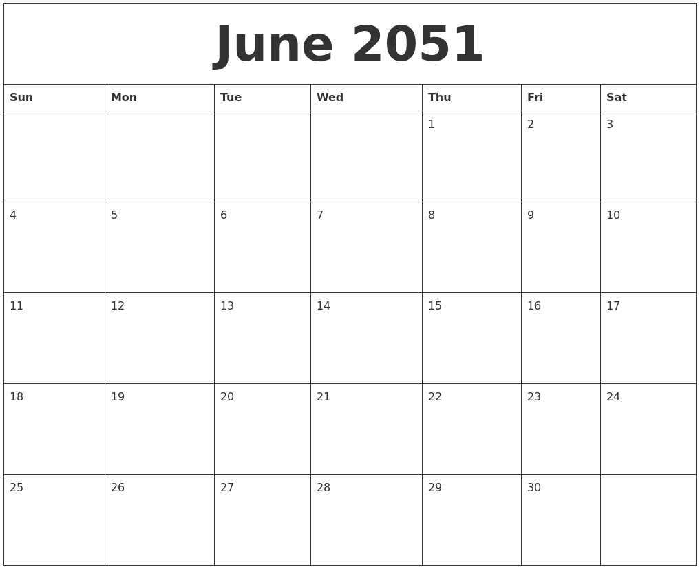 June 2051 Calendar Free Printable June 2051 Calendar Free Printable
