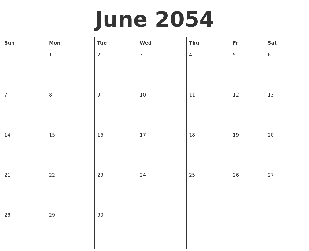 June 2054 Free Online Calendar