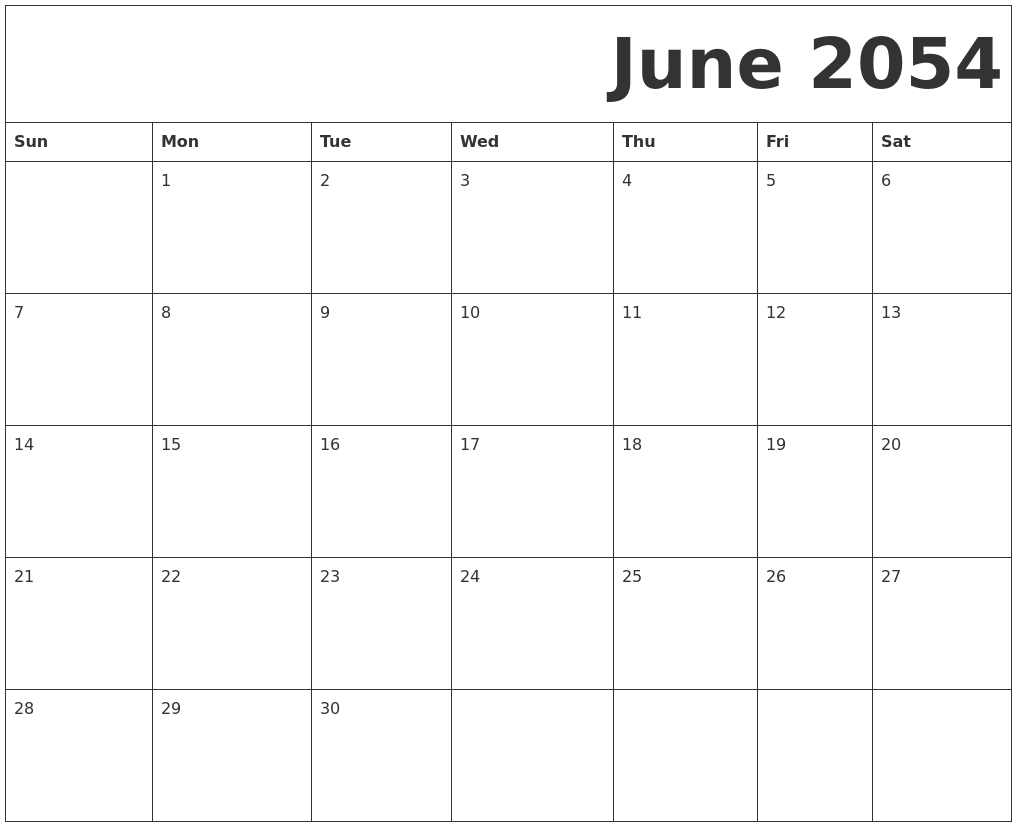 June 2054 Free Printable Calendar